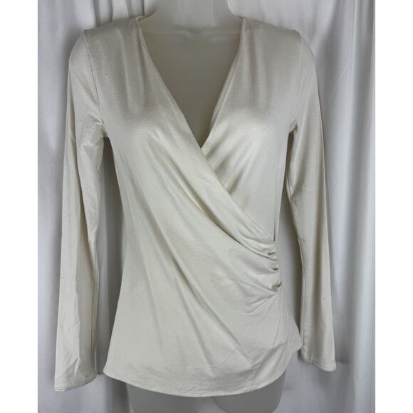 Ann Taylor Crossover V-neck Ruching Long Sleeves Blouse, Ivory Sz: XS, 57-18 - Picture 13 of 16